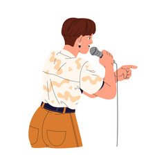 Comic with microphone in comedy performance. Speaker performs, pointing finger during standup concert. Performer shows on stage with mic. Public speaking. Flat isolated vector illustration on white