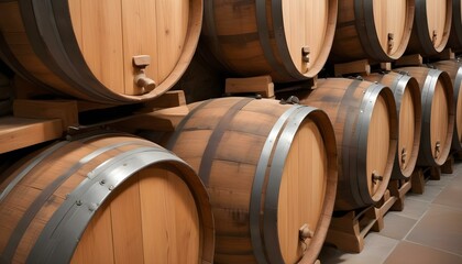 Wooden barrels stacked in a cellar, with metal hoops and wooden slats visible. The barrels appear to be used for aging wine or other alcoholic beverages