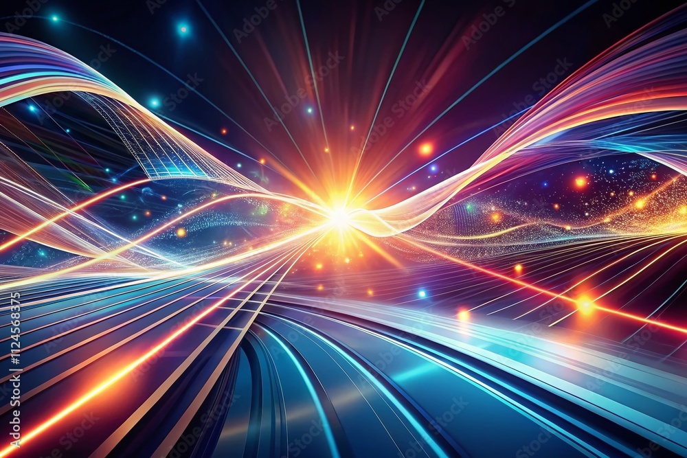Poster abstract graphic design background featuring light waves and lines on a dark backdrop, emphasizing t