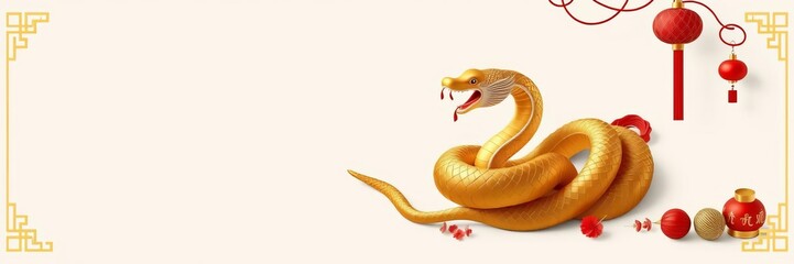 Fototapeta premium Vibrant red and gold decorations for Vietnamese New Year Tet 2025, featuring traditional symbols and imagery of the snake zodiac sign, red, symbols