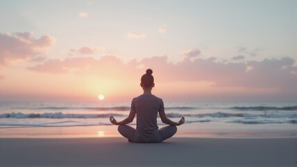 Woman meditating on beach at sunrise, finding inner peace and harmony