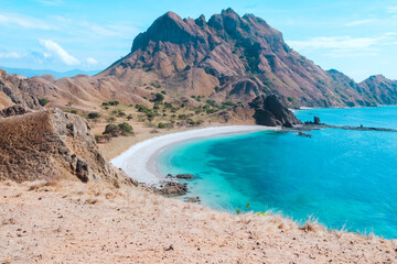 Amazing tropical seashore landscape background with turquoise ocean view at Padar island in Komodo National Park, Indonesia. summer background and summer holiday concept.
