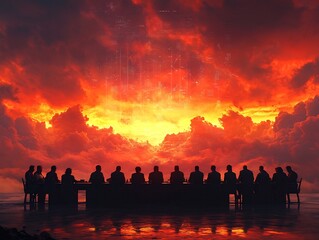 Fototapeta premium Dramatic Fiery Sunset Sky over Silhouettes of Corporate Shareholders Gathered around High Tech Conference Table Analyzing Holographic Business Data