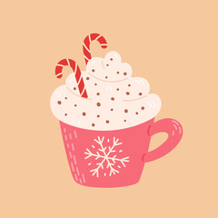 Christmas drink with candy canes, chocolate chips, cream. Hot winter coffee, chocolate or tea in pink mug. Cozy illustration in hand drawn flat style. Holiday design for print, poster, menu