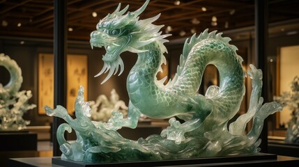 Fototapeta premium Intricate jade dragon sculpture in asian art museum display
