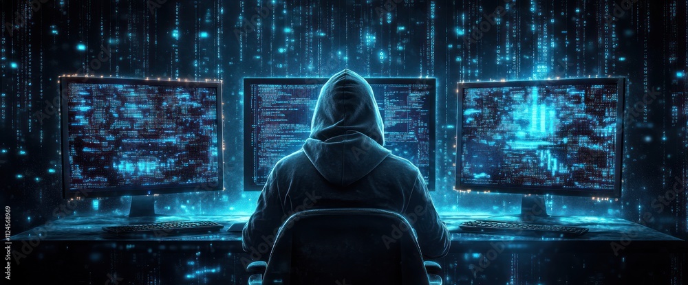Poster hacker working in a dark room with multiple monitors