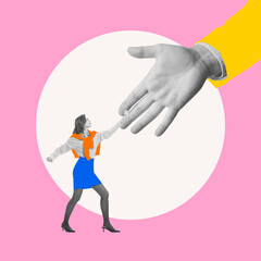 Contemporary art collage. Woman reaching out to a large supportive hand, representing connection,...