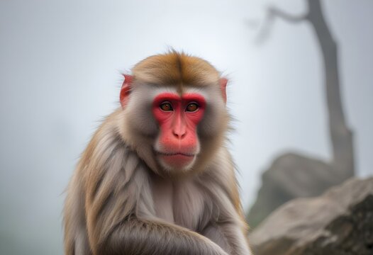 A close-up of a middle-aged Japanese macaque monkey with a red face sitting on a rock
