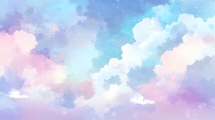 A dreamy sky filled with clouds in various pastel colors, soft pinks, blues, and purples, empty space for text in the lower section