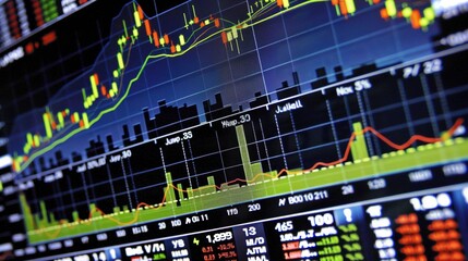 Close-up of digital stock market screen showing upward trend graph, symbolizing stock buyback, financial charts and candlestick patterns in background.
