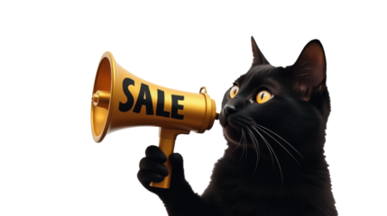 black cat holding megaphone with "SALE" sign, banner for announcements and promotions. Black friday concept. Transparent background.