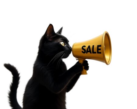 black cat holding megaphone with "SALE" sign, banner for announcements and promotions. Black friday concept. Transparent background.