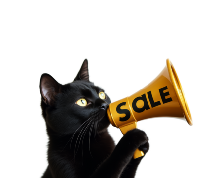 black cat holding megaphone with "SALE" sign, banner for announcements and promotions. Black friday concept. Transparent background. - Powered by Adobe