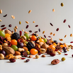A dynamic capture of various nuts and dried fruits scattered mid-air against a white backdrop.