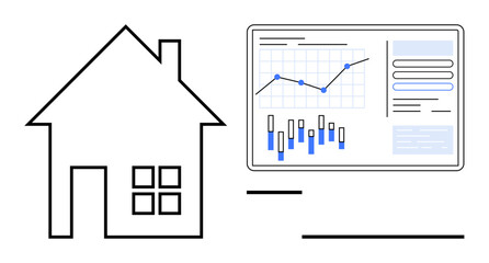 House outline beside a data board illustrating graphs, charts, and statistics. Ideal for real estate, market analysis, financial forecasting, property investment, economic trends, business