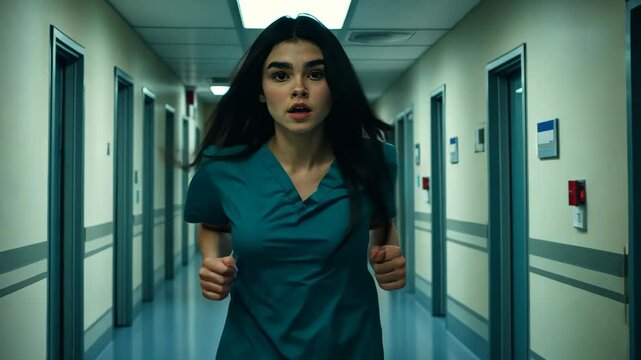 Nurse running through hospital corridor during an emergency situation late at night
