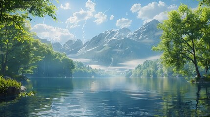 A serene alpine landscape with snow-capped peaks and a crystal-clear mountain lake.