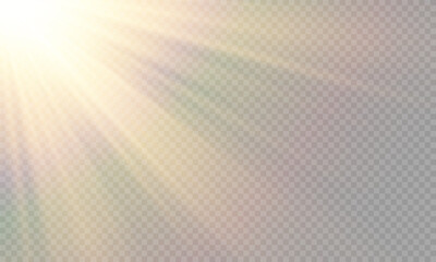 Vector transparent sunlight with lens flare effect. Overlays, overlay, light, Sun, sunrays, overlays, light transitions, lens flare, light leaks and glare in PNG format. Sunlight flare light effect.	
