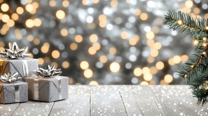 Silver and beige gift boxes adorned with ribbons rest on snow beside a gray Christmas tree, adding warmth to the serene atmosphere