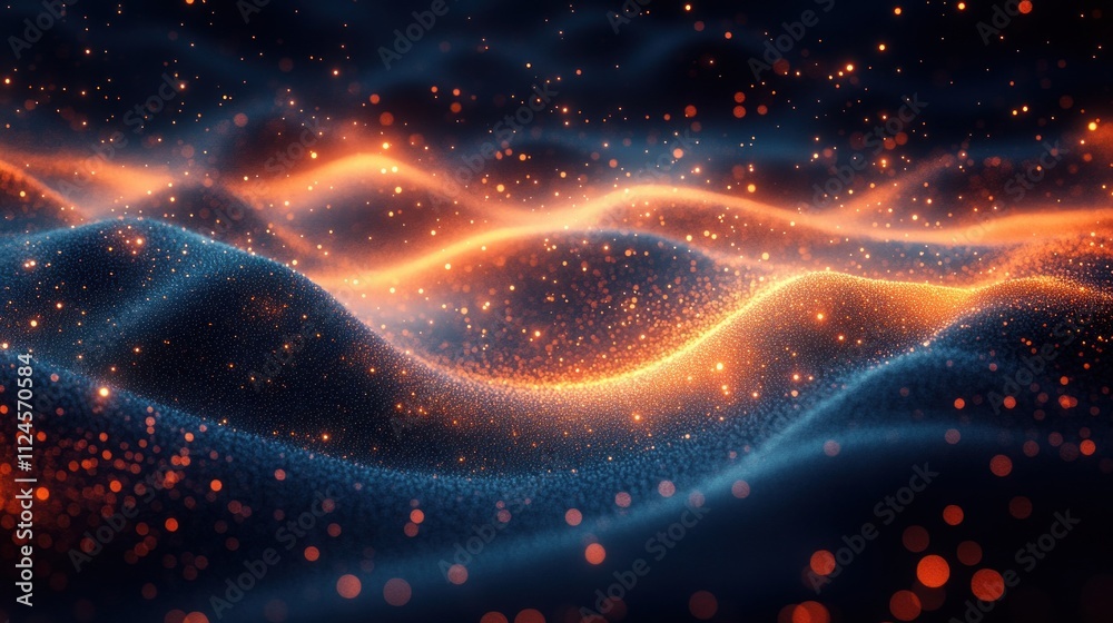 Poster Vibrant Abstract Digital Wave Background with Glowing Particles and Dramatic Backlighting for Technology and Education