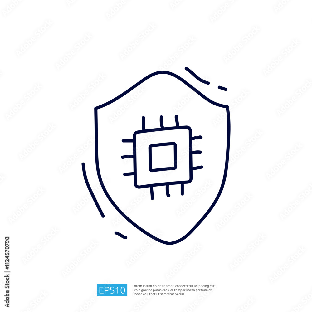 Poster the image features a simple line drawing of a shield with a microchip design, symbolizing protection