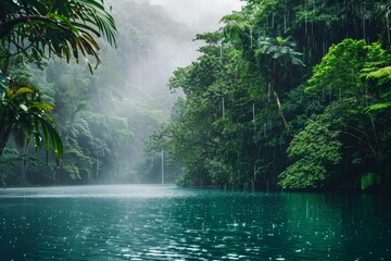 Fototapeta premium Gentle rain falls over a tranquil lake, reflecting the lush vegetation surrounding it.