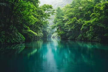A peaceful river runs through a dense, green forest, shrouded in morning mist. The clear water reflects the vibrant foliage, creating a calming atmosphere of nature's splendor.