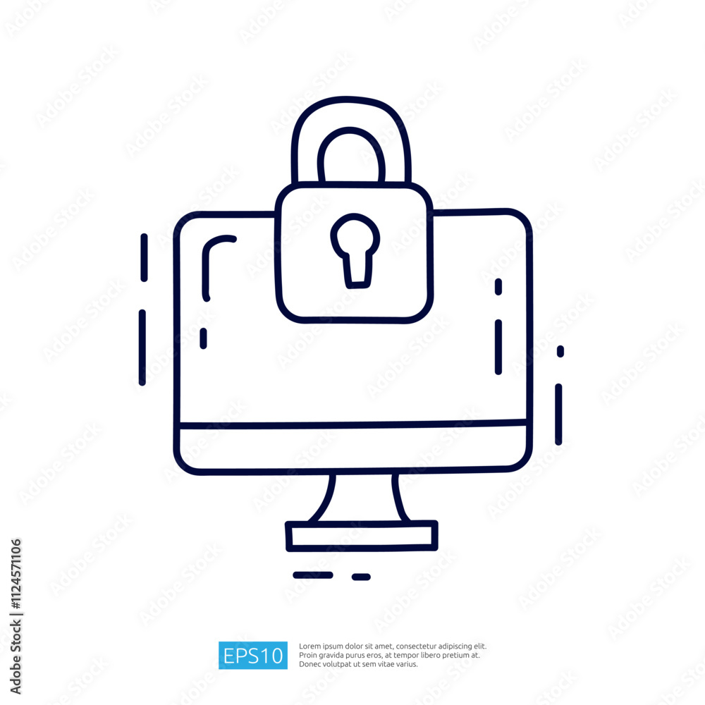 Poster a simple line drawing of a computer monitor with a locked padlock symbol, representing cybersecurity