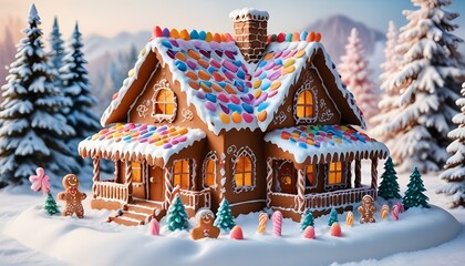 A colorful gingerbread house with a snowy roof, surrounded by candy decorations and a winter landscape