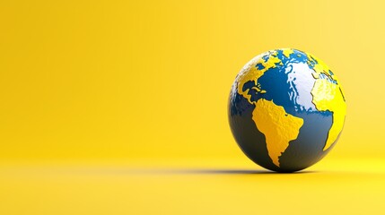 A yellow background with a blue and yellow globe on it. The globe is the size of a tennis ball
