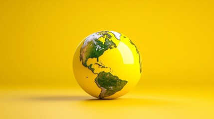 A yellow globe with green continents on it. The globe is placed on a yellow background. The globe is a representation of the Earth and its continents