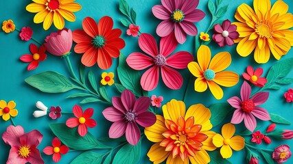 Vibrant and dynamic paper cut floral arrangement in a rainbow of colors, vibrant colors, floral art
