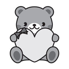 ハートを持ったクマのイラストフレームA　モノクロ　線画　バレンタイン　母の日　テディベア
