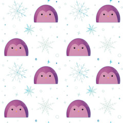 Cute purple penguin and snowflake seamless pattern