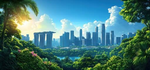 Minimalist Line Art Illustration of Singapore Skyline with Greenery and Iconic Buildings