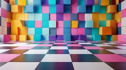 A colorful, abstract design with colorful cubes and a checkerboard floor.