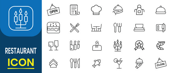 Restaurant icon, vector set. Catering, cooking line icon, kitchen icon vector. Set of icons of utensils icon. Vector illustration. 