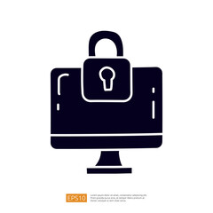 The image depicts a stylized computer monitor with a padlock symbol, representing cybersecurity and data protection.