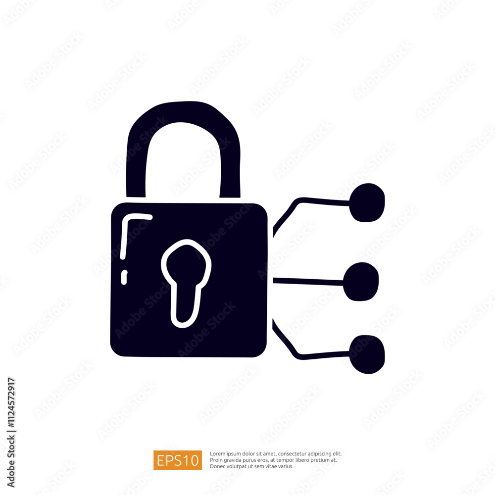 Poster this image features a stylized padlock with three connected lines, symbolizing security and data pro