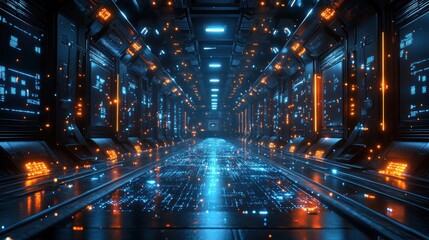Futuristic Cyberpunk Warehouse with Data Networks and Holographic Supply Chain Logistics