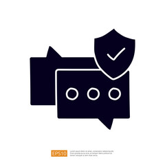 The image features a speech bubble with dots and a shield symbol, representing secure communication or messaging.