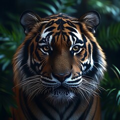 Obraz premium Majestic tiger portrait, intense gaze, lush green foliage background.