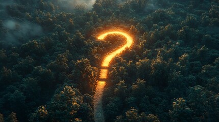 Glowing Question Mark Above Winding Forest Road Symbolizing Life s Uncertain Journey