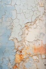 Detailed view of cracked and peeling pastel paint on wall
