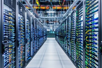 A vast data center showcasing neatly arranged server racks featuring a multitude of blinking lights and intricate network cabling in a busy tech facility.