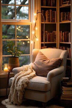 Cozy reading nook with plush chair and warm lighting