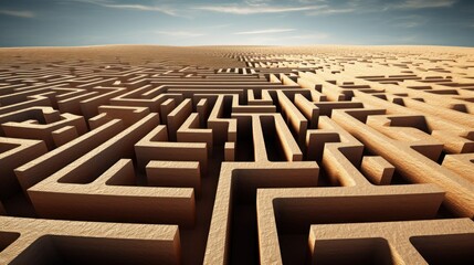 Intricate wooden maze with solution path conceptual