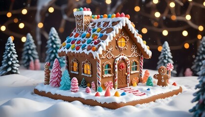 A colorful gingerbread house with a snowy roof, surrounded by candy decorations and a winter landscape