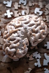 Human brain puzzle with missing pieces on rustic background