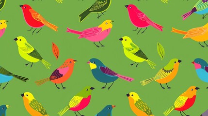 Obraz premium A repeating pattern of colorful birds on a green background.